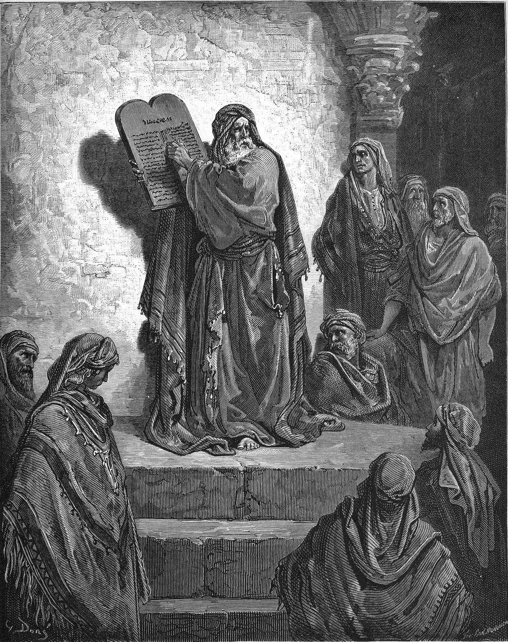 A nineteenth-century engraving of a figure reading scripture to an assembled crowd